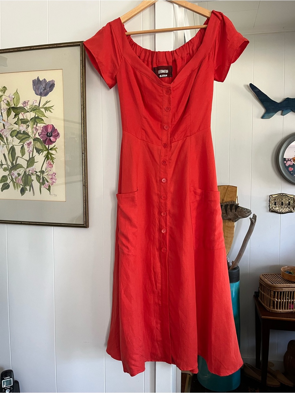 Reformation Mariposa Linen Tencel Dress Red Button Midi Short Sleeve Viral USA